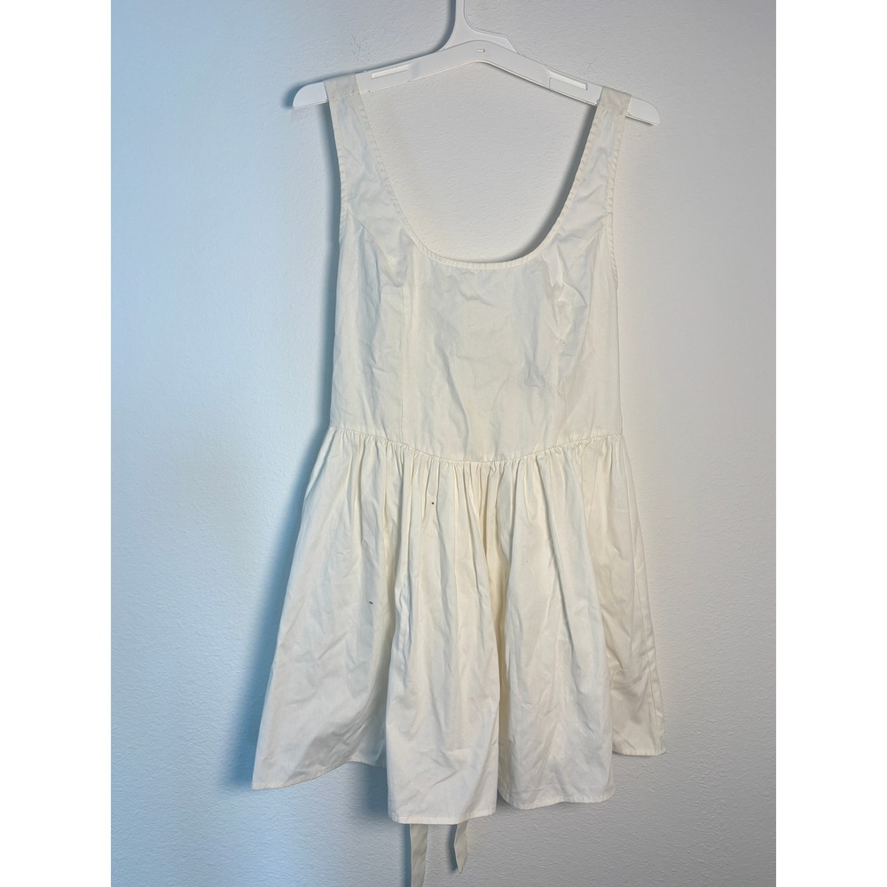 New Cream Cotton Scoop Neck Open Back Tie Mini Dress Sun Dress